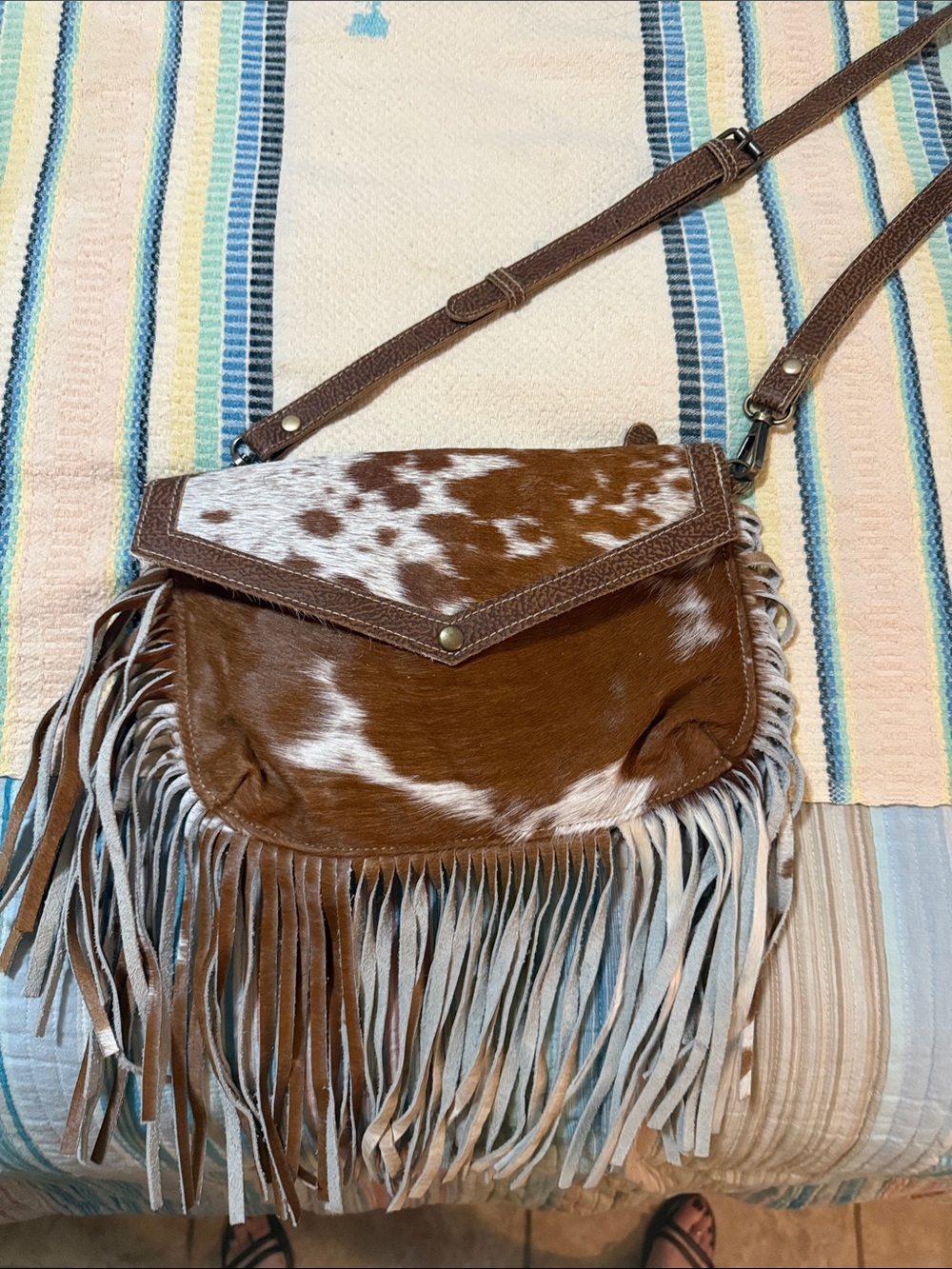 Myra Bag Cowhide Brown and White Fringe Crossbody Bag